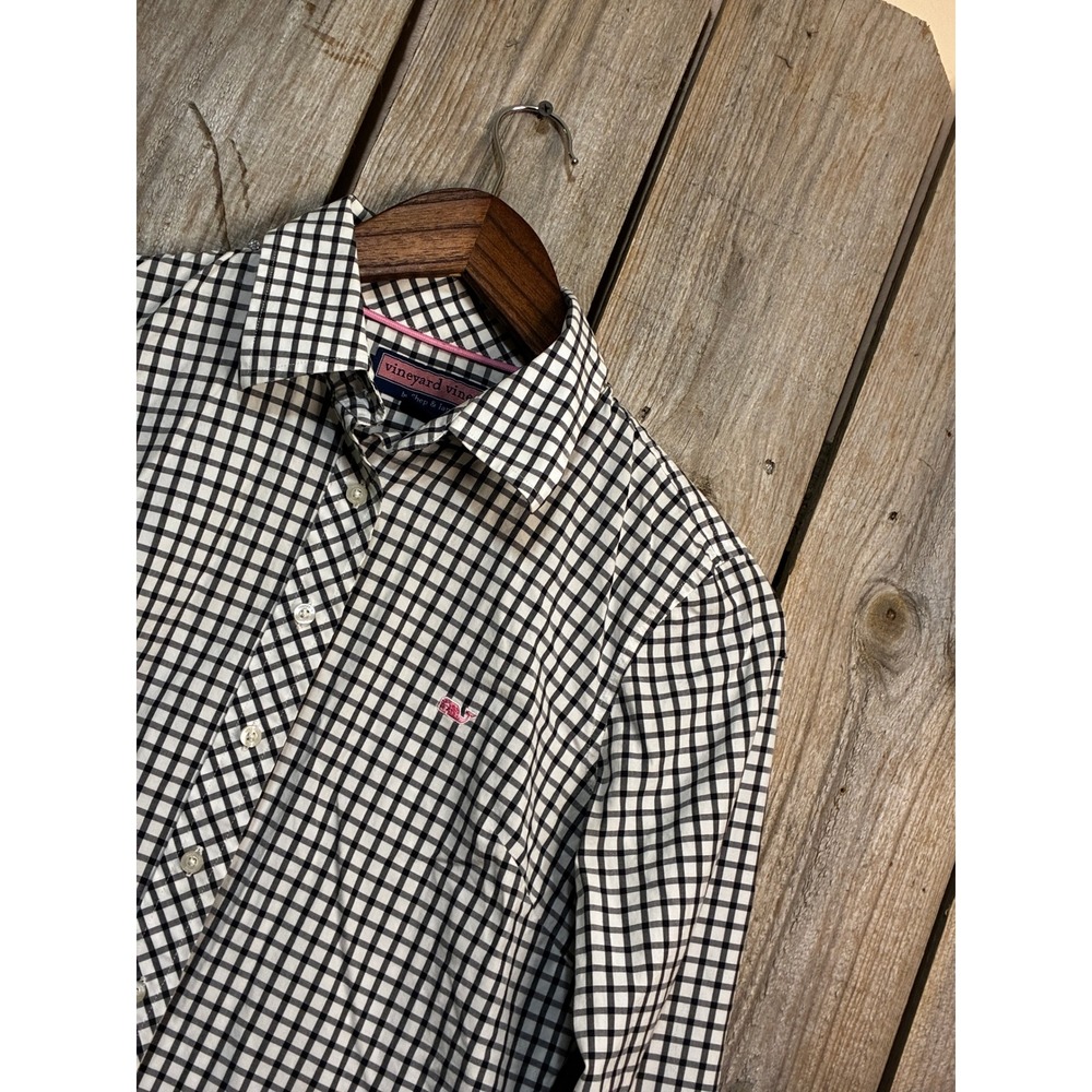 Vineyard Vines Womens Small Gingham Button Down Shirt Black White Whale Logo